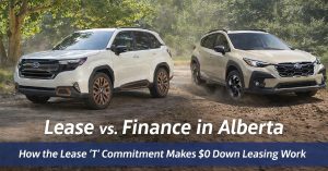 Two Subaru SUVs on a forest trail illustrating lease vs finance options and $0 Down leasing through the Lease ‘T’ Commitment at Scott Subaru.