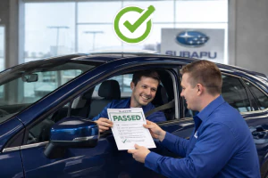 Smiling customer receives passed inspection report