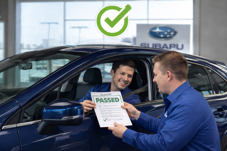 Smiling customer receives passed inspection report